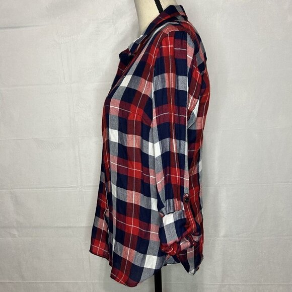 Tommy Hilfiger Red Navy White Checked Roll-Tab Sleeve Button-Down Shirt M - Picture 5 of 9
